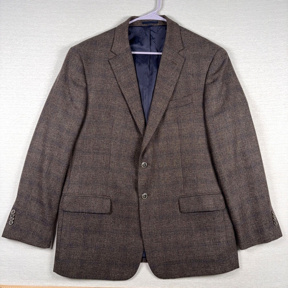 Jos A Bank Brrr Suit Jacket Tailored Fit Mens 44R Brown Blue Wool Poly Lastol